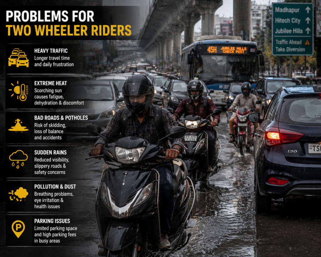 during heavy rains problems for two-wheeler riders in Hyderabad
