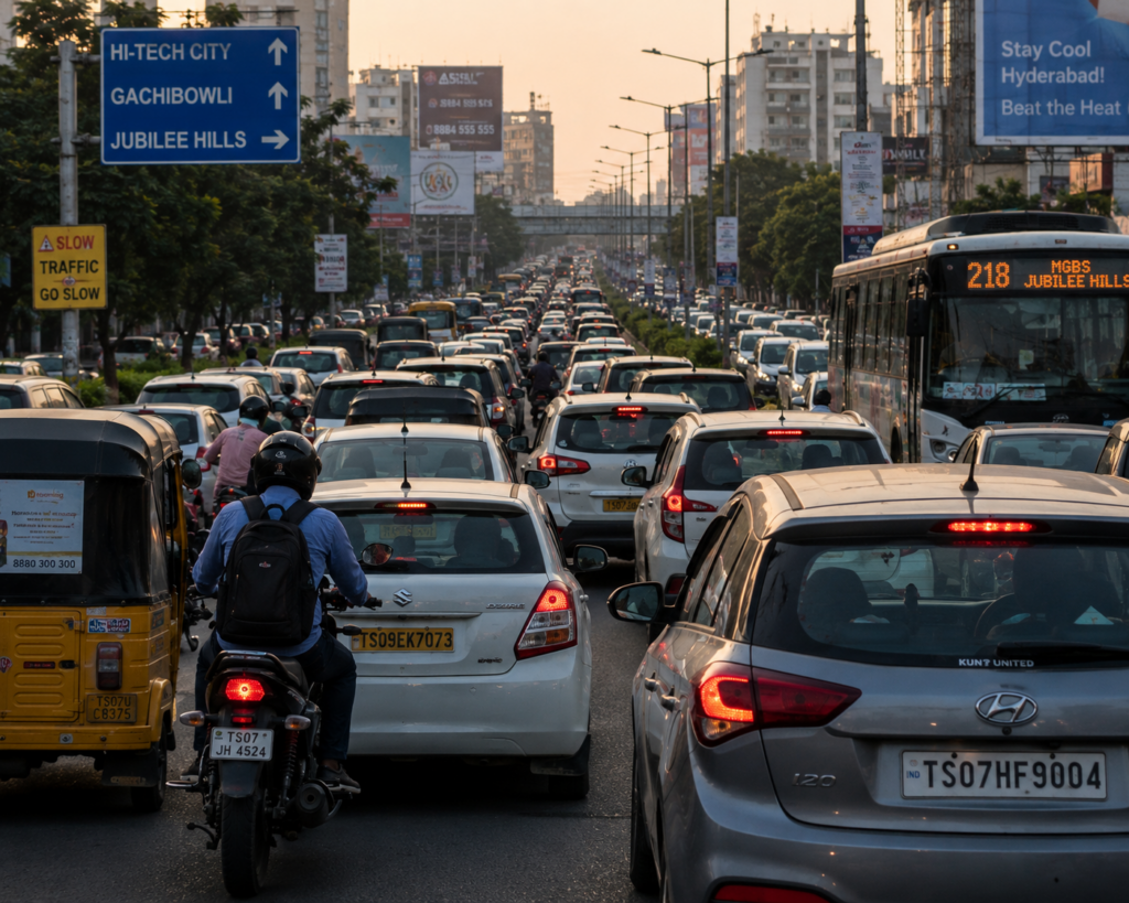 slow moving traffic in hyerabad during monsoon