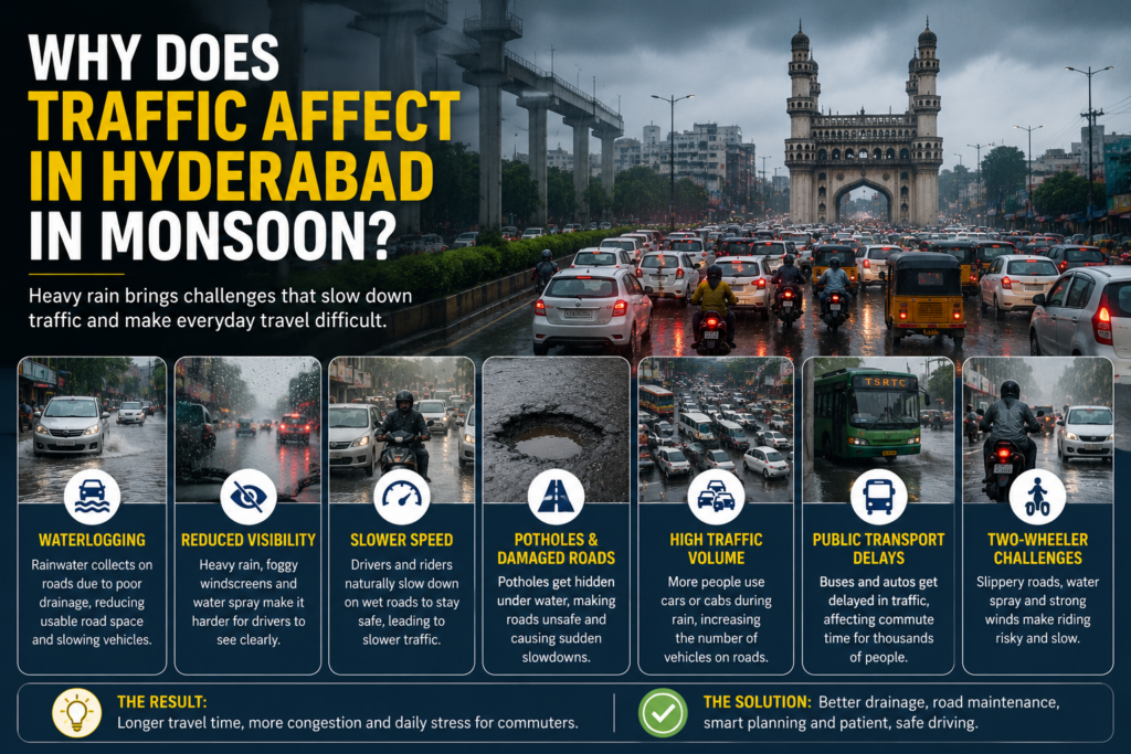 why does traffic affect in Hyderabad in monsoon